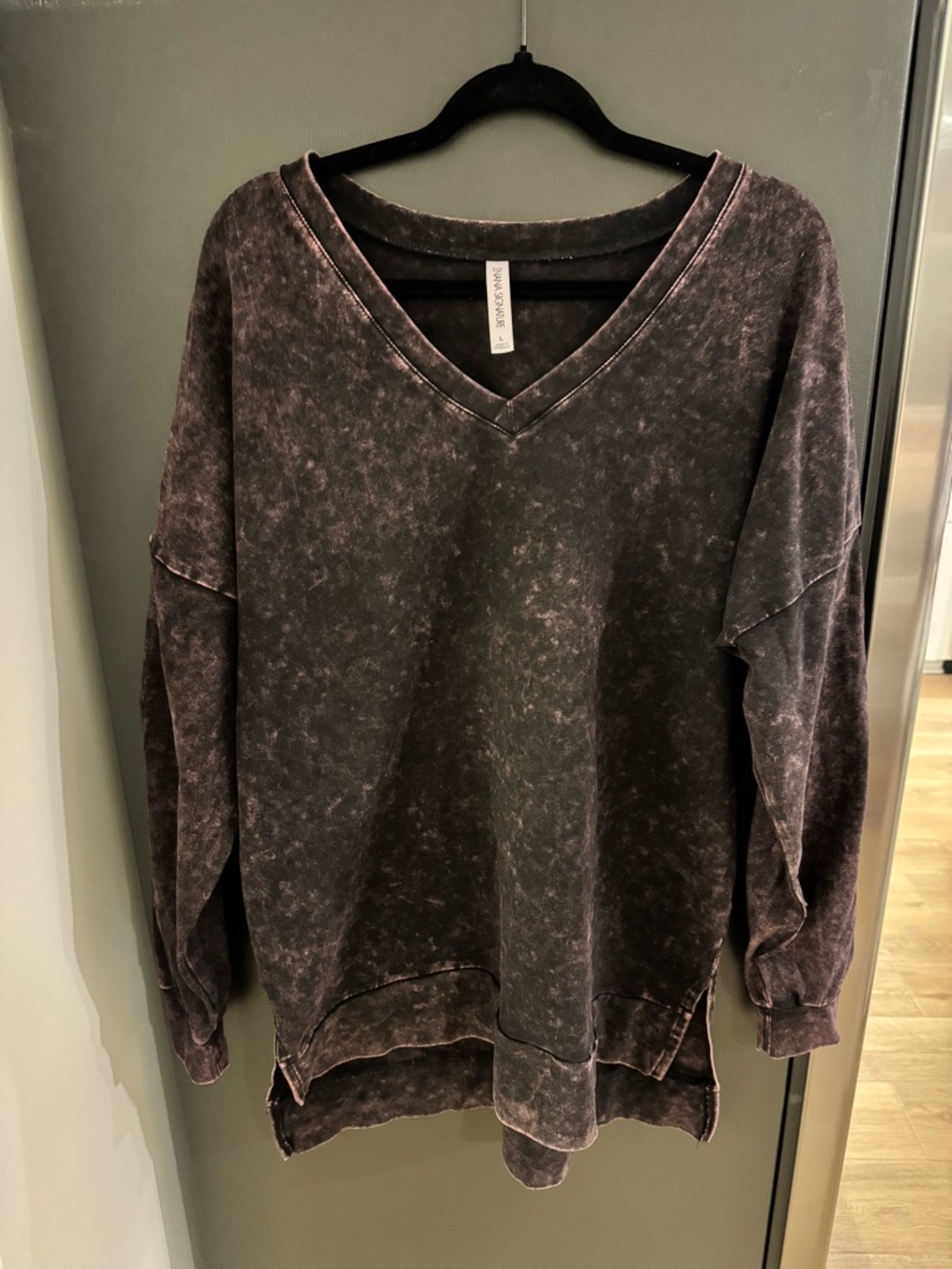 Zenana Signature brand v-neck acid wash sweatshirt.